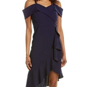 Bebe Navy Cold Off Shoulder Dress Ruffle 12 NWT